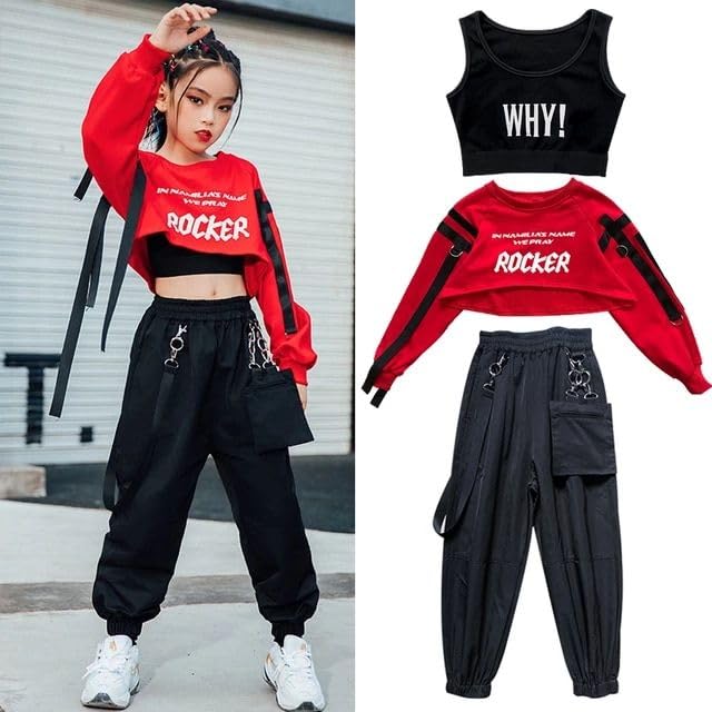 Ameeha Hip Hop Dance Costume Set, Crop Top, Tank Top, Cargo Jogger Pants, 3-Piece Street Style Outfit (Red, 13 Years-14 Years) - Image 2