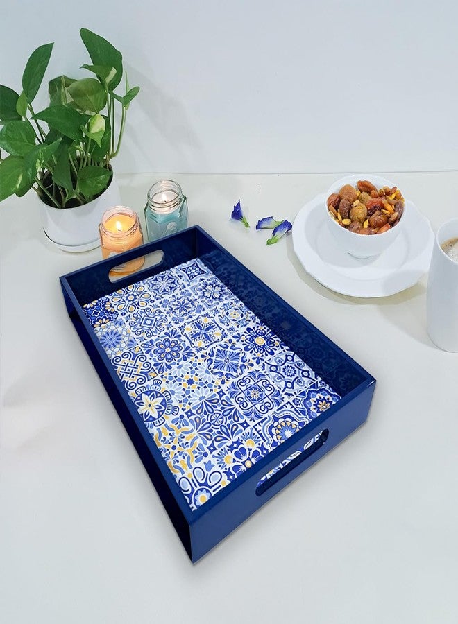 CRAFTSLANE Handcrafted Small Printed Wooden Serving Tray Fancy Serving Tray for Snacks Tea Kitchen Coffee Table Dining Decorative Serving Tray with Handle Wooden Tray Portuguese Blue 12x8in - Image 1