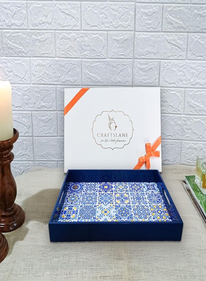 CRAFTSLANE Handcrafted Small Printed Wooden Serving Tray Fancy Serving Tray for Snacks Tea Kitchen Coffee Table Dining Decorative Serving Tray with Handle Wooden Tray Portuguese Blue 12x8in - Image 2