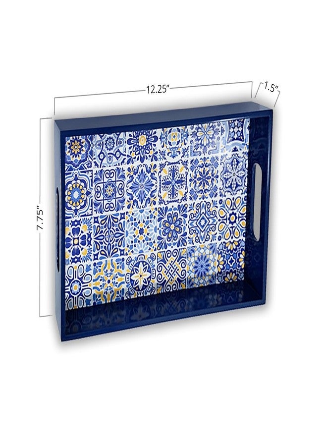 CRAFTSLANE Handcrafted Small Printed Wooden Serving Tray Fancy Serving Tray for Snacks Tea Kitchen Coffee Table Dining Decorative Serving Tray with Handle Wooden Tray Portuguese Blue 12x8in - Image 5
