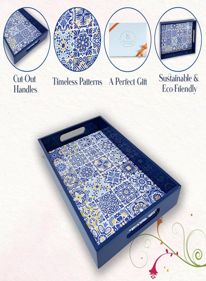 CRAFTSLANE Handcrafted Small Printed Wooden Serving Tray Fancy Serving Tray for Snacks Tea Kitchen Coffee Table Dining Decorative Serving Tray with Handle Wooden Tray Portuguese Blue 12x8in - Image 4