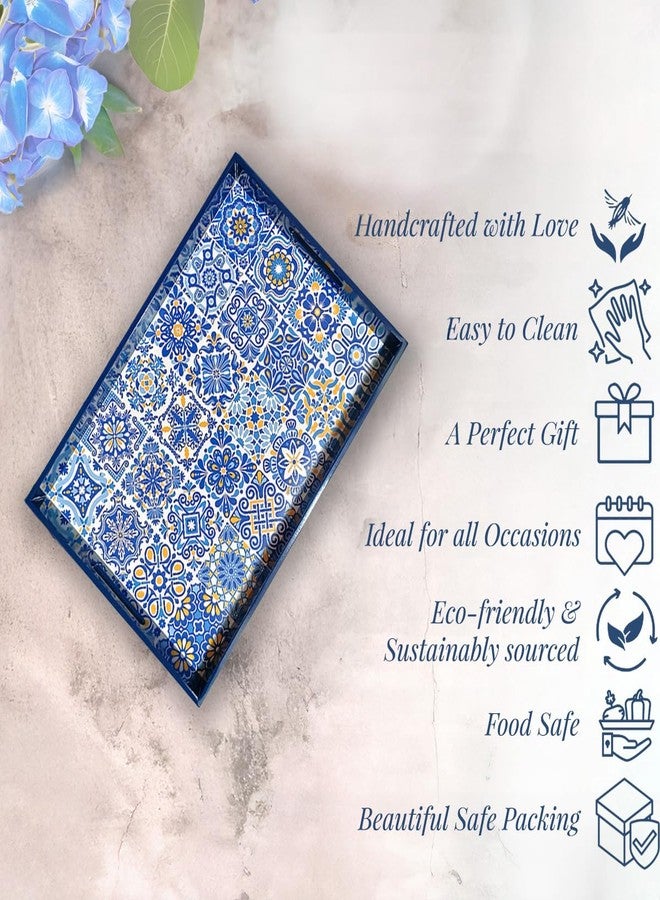 CRAFTSLANE Handcrafted Small Printed Wooden Serving Tray Fancy Serving Tray for Snacks Tea Kitchen Coffee Table Dining Decorative Serving Tray with Handle Wooden Tray Portuguese Blue 12x8in - Image 3