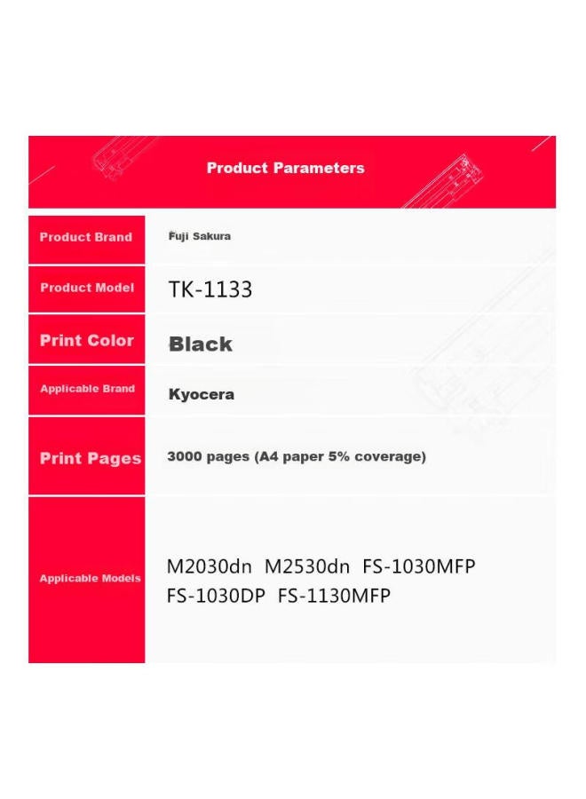 Fusica Tk-1133 Black Toner Cartridge Compatible With Kyocera Original M2030dn M2530dn Fs-1030mfp/dp Fs-1130mfp Professional Version 1133 Toner - Image 1