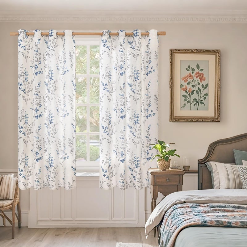 BGment Linen Curtains for Bedroom 63 Inch Length 2 Panels Set Floral Leaf Patterns  Light Filtering Window Privacy Curtains for Living Room Boho Farmhouse Vintage  Each 52 Inch Wide  Navy - Image 2