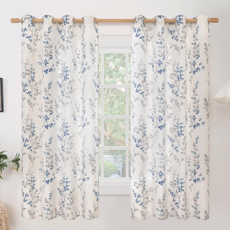 BGment Linen Curtains for Bedroom 63 Inch Length 2 Panels Set Floral Leaf Patterns  Light Filtering Window Privacy Curtains for Living Room Boho Farmhouse Vintage  Each 52 Inch Wide  Navy - Image 1