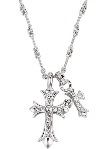 Double Cross Pendant Diamond Unisex Necklace Silver