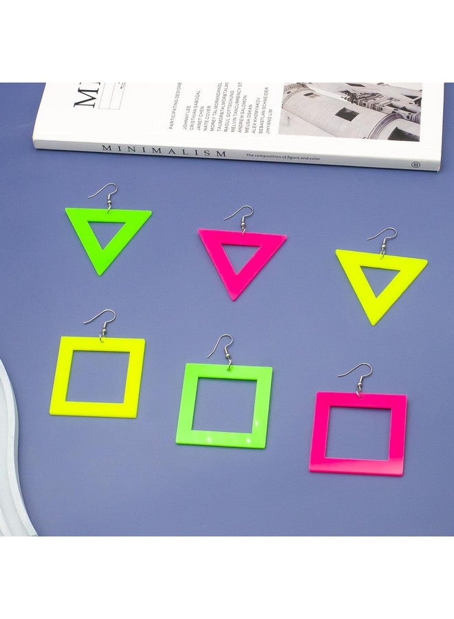 Nanafast 3 Pairs 80S 90S Acrylic Neon Earrings For Women Colorful Star Geometric Lightning Earrings Neon Dangle Earrings For Party Cosplay Costume Accessories-Geometric - Image 4
