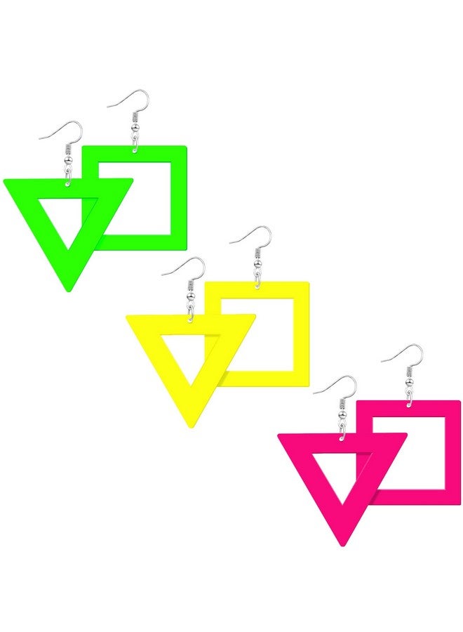 Nanafast 3 Pairs 80S 90S Acrylic Neon Earrings For Women Colorful Star Geometric Lightning Earrings Neon Dangle Earrings For Party Cosplay Costume Accessories-Geometric - Image 1