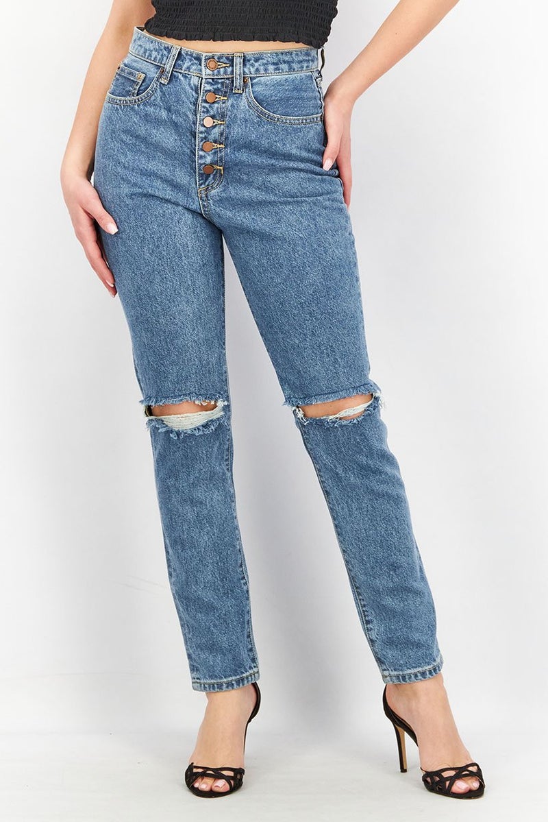 Weworewhat Women Straight Fit Ripped Non-Stretchable Jeans, Blue - Image 1