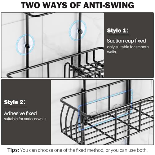 Epicano Shower Caddy Hanging, Anti-Swing Over Head Shower Caddy Rustproof with Hooks for Towels, Sponge and More, Matte Black - Image 5