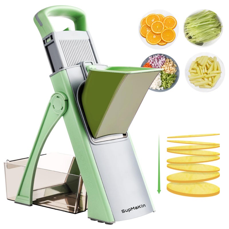 Upgrade Safe Mandoline Slicer for Kitchen SupMaKin Bigger Entrance Vegetable Food Slice Potato Slicer Chopper Adjustable Thickness Multi Mandolin Julienne Dicer Kitchen Must Haves Green