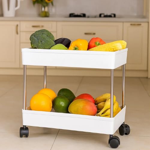 Leaffybezz Plastic Space Saving Storage Organizer Rack Shelf with Wheels for Kitchen, Office, Bathroom and Bedroom (2 Layer, White) - Image 1