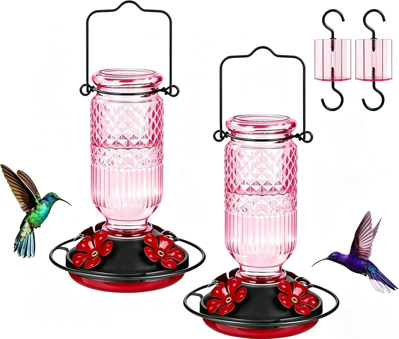 FEED GARDEN Glass Hummingbird Feeder for Outdoors Hanging, 16 OZ Humming Bird Feeders with 4 Bee Guard Feeding Ports & Built-in Ant Moat, Hummingbird Gifts for Mom Bird Feeder for Outside, Pink,2 Pack - Image 1