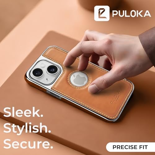PULOKA Chrome Leather Back Case - Compatible with iPhone 13 - Luxury Bumper Case - Flexible Vegan Leather - Electroplated Sides & Logocut - Full Camera Protetection & Raised Edges - Beige - Image 2