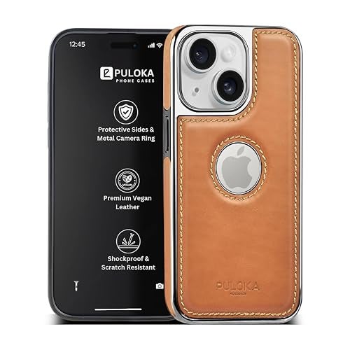 PULOKA Chrome Leather Back Case - Compatible with iPhone 13 - Luxury Bumper Case - Flexible Vegan Leather - Electroplated Sides & Logocut - Full Camera Protetection & Raised Edges - Beige - Image 1