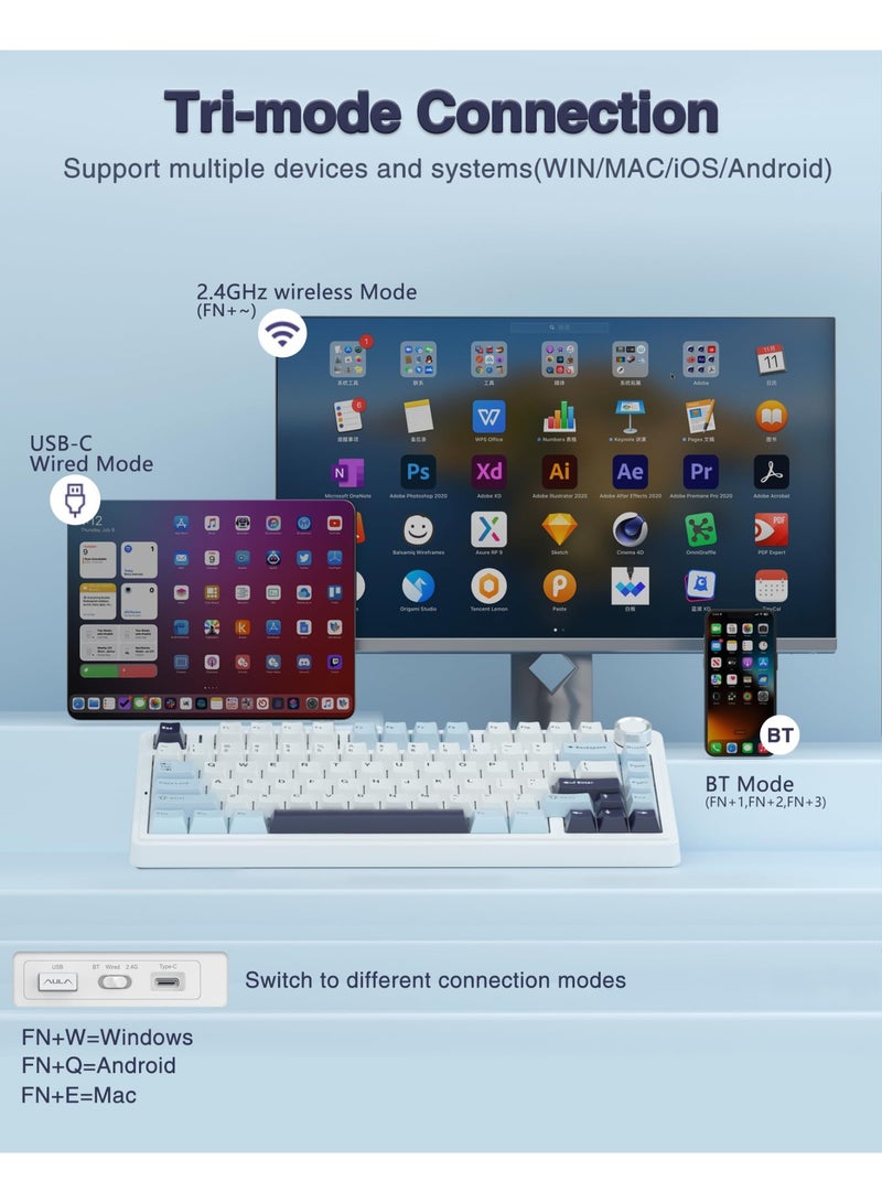 AULA F75 75% Wireless Mechanical Keyboard, Hot Swappable Creamy Keyboard, Pre-lubed Reaper Switches, 2.4GHz/Type-C/BT5.0, RGB Backlit Gaming Keyboards(White & Blue)  - Image 3