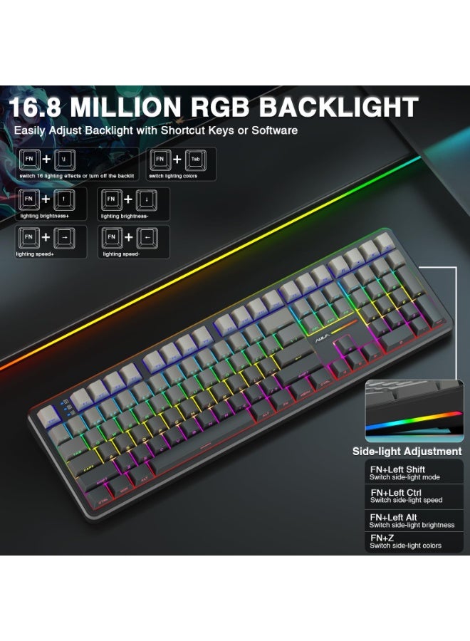 أولا لوحة مفاتيح ميكانيكية لاسلكية F108، لوحة مفاتيح ميكانيكية لاسلكية، لوحة مفاتيح ألعاب بالحجم الكامل مع لوحة أرقام، أغطية مفاتيح مطبوعة من مادة PBT، مفاتيح مزيتة مسبقًا، إضاءة خلفية RGB، لوحات مفاتيح كمبيوتر ذات صوت كريمي قابل للتبديل السريع، 108 مفاتيح - Image 4