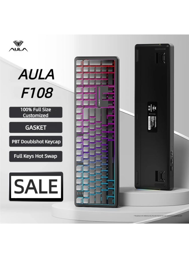 أولا لوحة مفاتيح ميكانيكية لاسلكية F108، لوحة مفاتيح ميكانيكية لاسلكية، لوحة مفاتيح ألعاب بالحجم الكامل مع لوحة أرقام، أغطية مفاتيح مطبوعة من مادة PBT، مفاتيح مزيتة مسبقًا، إضاءة خلفية RGB، لوحات مفاتيح كمبيوتر ذات صوت كريمي قابل للتبديل السريع، 108 مفاتيح - Image 1