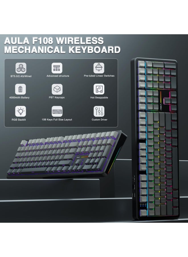 أولا لوحة مفاتيح ميكانيكية لاسلكية F108، لوحة مفاتيح ميكانيكية لاسلكية، لوحة مفاتيح ألعاب بالحجم الكامل مع لوحة أرقام، أغطية مفاتيح مطبوعة من مادة PBT، مفاتيح مزيتة مسبقًا، إضاءة خلفية RGB، لوحات مفاتيح كمبيوتر ذات صوت كريمي قابل للتبديل السريع، 108 مفاتيح - Image 2