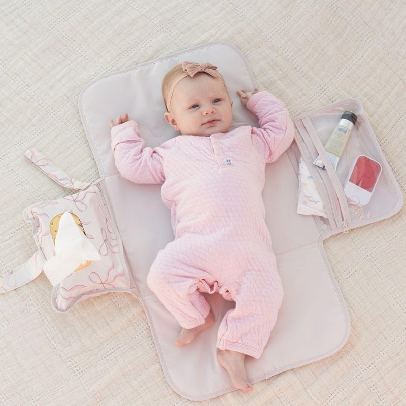 Tiny Twinkle Portable Diaper Changing Pad | Waterproof, Wipeable & Compact Baby Changing Pad for Travel | Smart Wipes Pocket & Organized Storage| Newborn Shower Gift (Bows) - Image 3