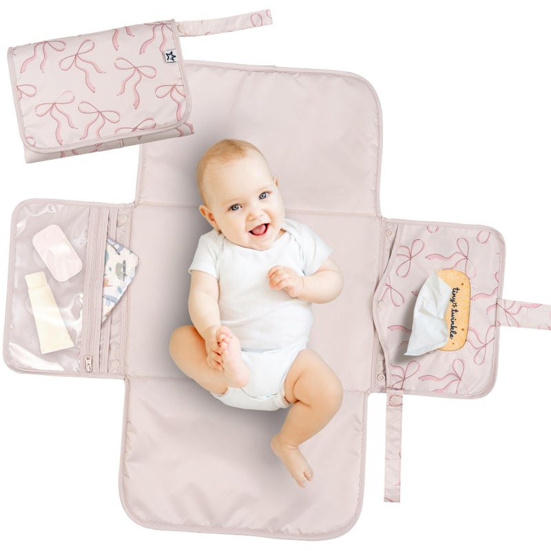 Tiny Twinkle Portable Diaper Changing Pad | Waterproof, Wipeable & Compact Baby Changing Pad for Travel | Smart Wipes Pocket & Organized Storage| Newborn Shower Gift (Bows) - Image 1