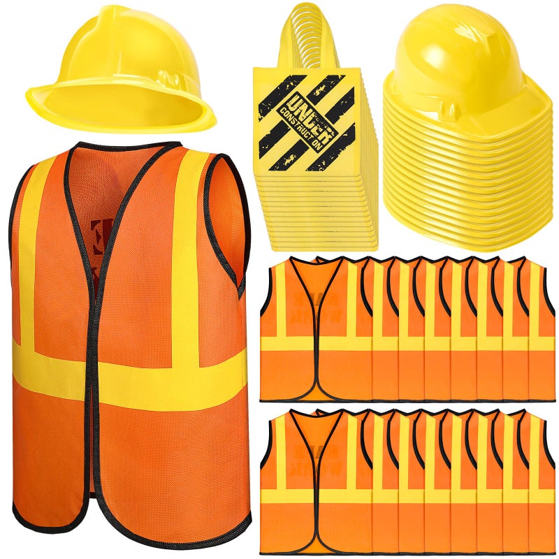 Geyoga 48 Pieces Construction Party Supplies Kids Costume Including Vest Construction Hat Tote Bag for Birthday Party FavorOrange Yellow - Image 2