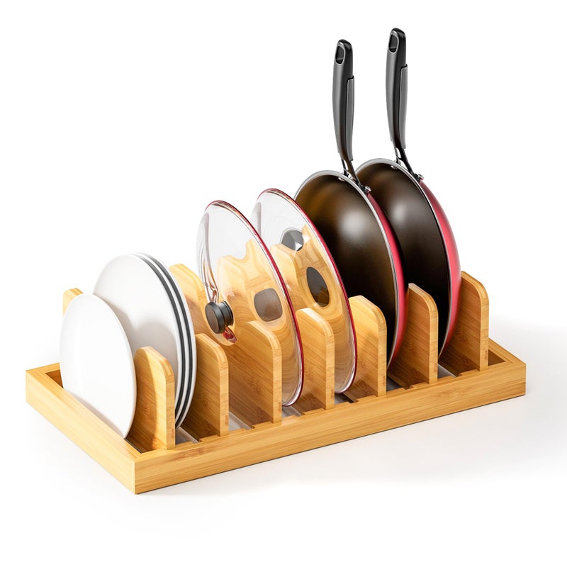 MinBoo Bamboo Pot Lid Organizer Pot Lid Holder, Pot and Pan Organizer Drawer Organizer for Pot Lids, Pans, Cutting Boards & Baking Sheets, Dinner Plates, Reusable Containers in Cabinet Storage - Image 1