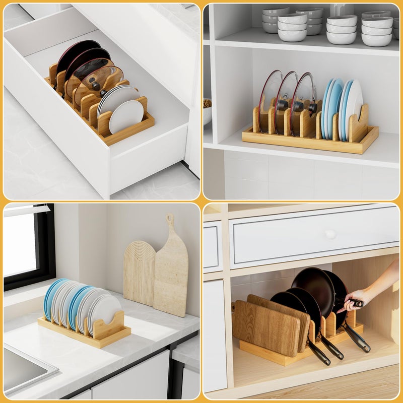 MinBoo Bamboo Pot Lid Organizer Pot Lid Holder, Pot and Pan Organizer Drawer Organizer for Pot Lids, Pans, Cutting Boards & Baking Sheets, Dinner Plates, Reusable Containers in Cabinet Storage - Image 4