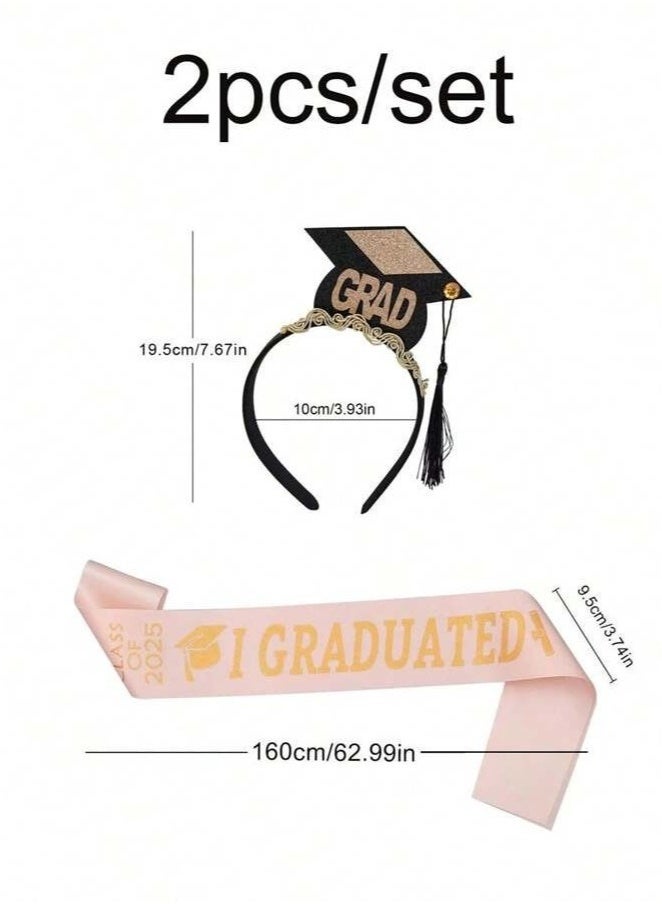 Graduation Sash 2 Piece Set Includes Graduation Cap and Sash Headpiece in Pink and Gold for Graduation Parties - Image 2