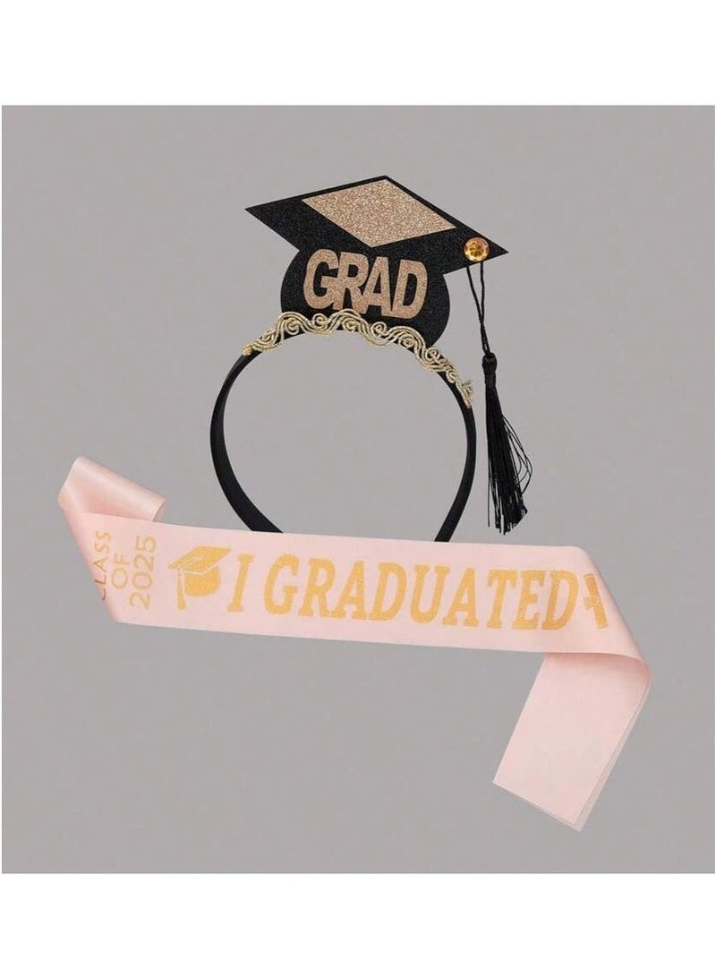Graduation Sash 2 Piece Set Includes Graduation Cap and Sash Headpiece in Pink and Gold for Graduation Parties - Image 1