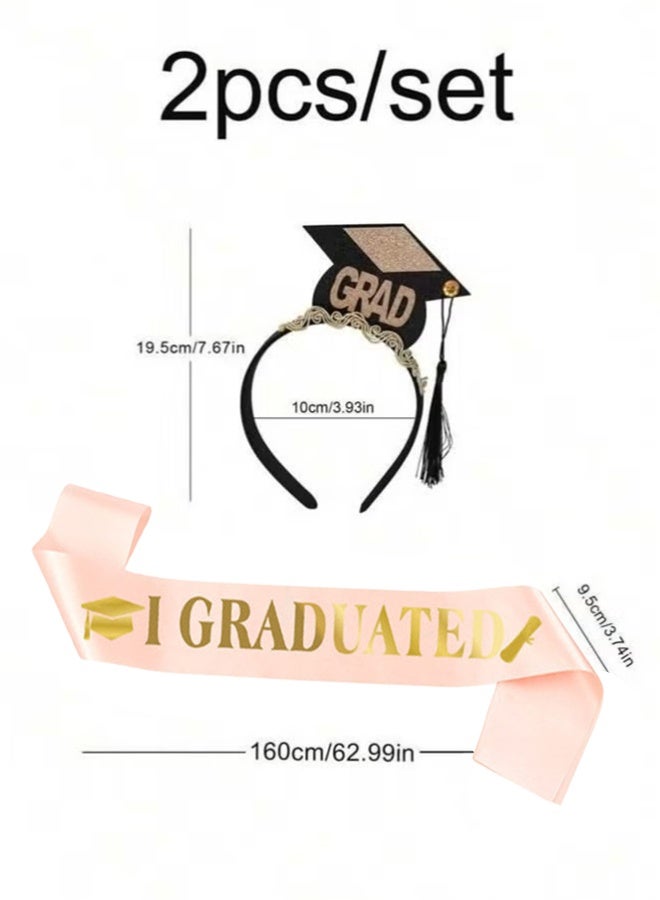 Graduation Sash 2 Piece Set Includes Graduation Cap and Sash Headpiece in Pink and Gold for Graduation Parties - Image 2