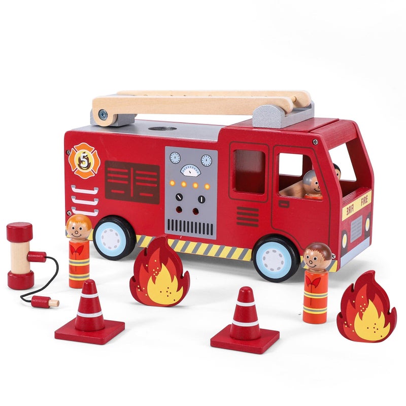 Wooden Fire Engine Truck with Firefighter Figurines, Montessori Blocks Vehicle Set, 3+ Years