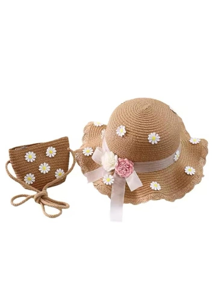 Toddler Baby Girls Wide Brim Straw Sun Hat with Shoulder Bag Set Cute Beach Cap  - Image 1