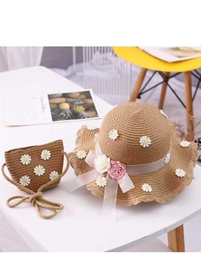 Toddler Baby Girls Wide Brim Straw Sun Hat with Shoulder Bag Set Cute Beach Cap  - Image 2