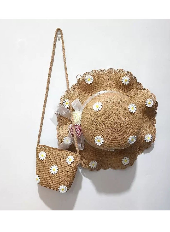Toddler Baby Girls Wide Brim Straw Sun Hat with Shoulder Bag Set Cute Beach Cap  - Image 3