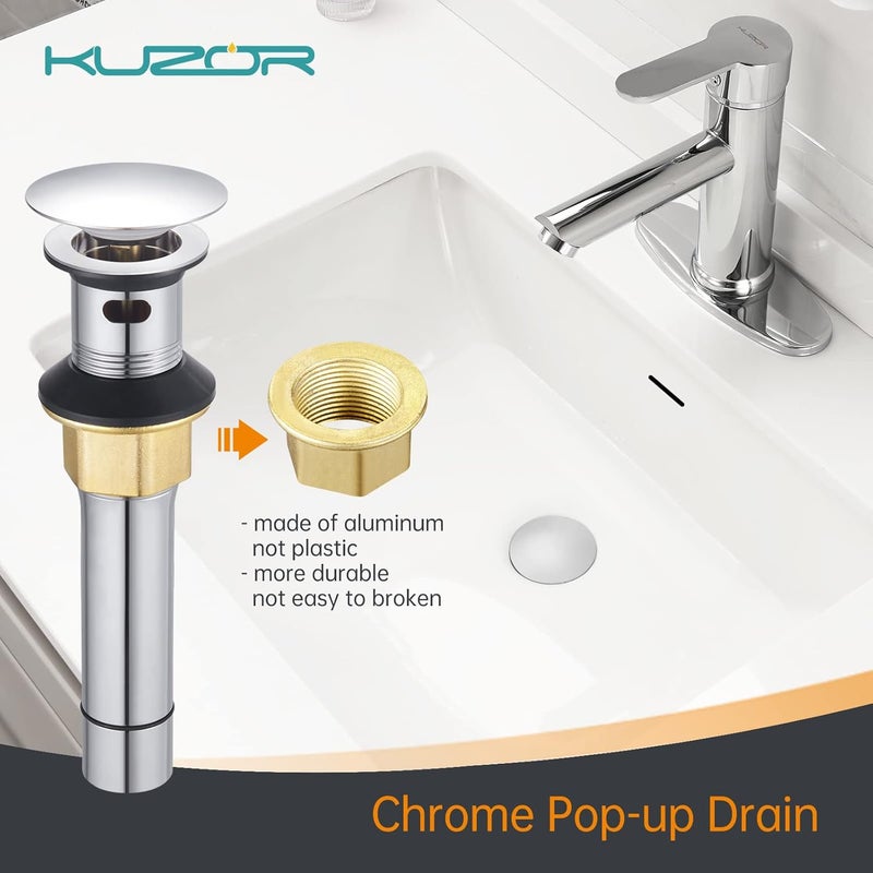 KUZOR 2-Pack Pop Up Bathroom Sink Drain with Overflow - Fits 1-5/8" to 2" Holes, Chrome 304 Stainless Steel for Vanity/Vessel Sink​ - Image 2