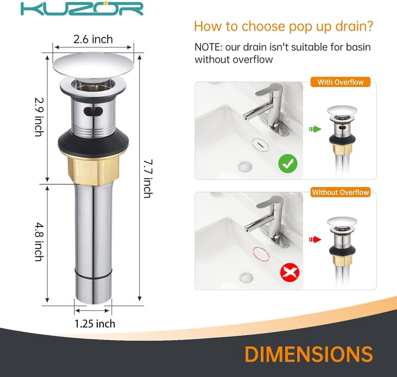 KUZOR 2-Pack Pop Up Bathroom Sink Drain with Overflow - Fits 1-5/8" to 2" Holes, Chrome 304 Stainless Steel for Vanity/Vessel Sink​ - Image 5