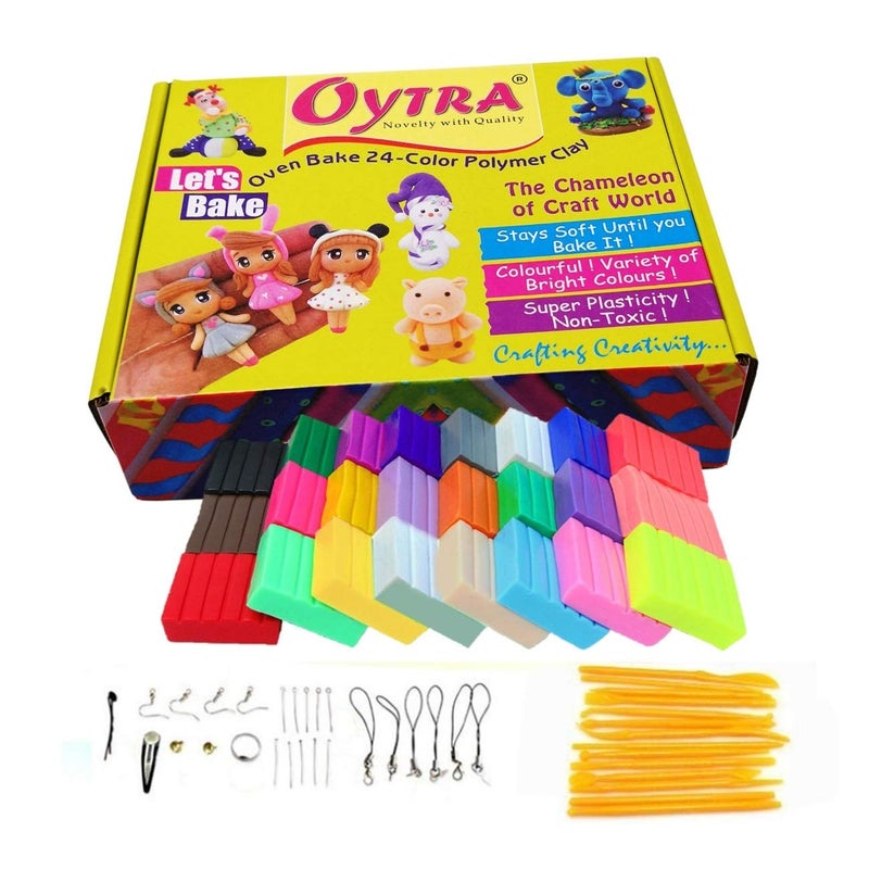Oytra Polymer Oven Bake Clay Set with Jewelry Making Accessories Kit Tools Non Air Dry Plasticine PVC Material DIY Figurines Jewellery Artists Beginners and Professionals (24 Colors) - Image 1