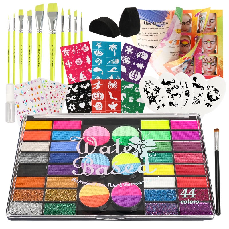 Pintada 44 Color Face Painting Kit for Kids - Non Toxic Water Activated Face Paint Palette with Stencils, Brushes, Gems & Glitter. Halloween, Carnival, Party; Costume Makeup for Creative Activities - Image 1