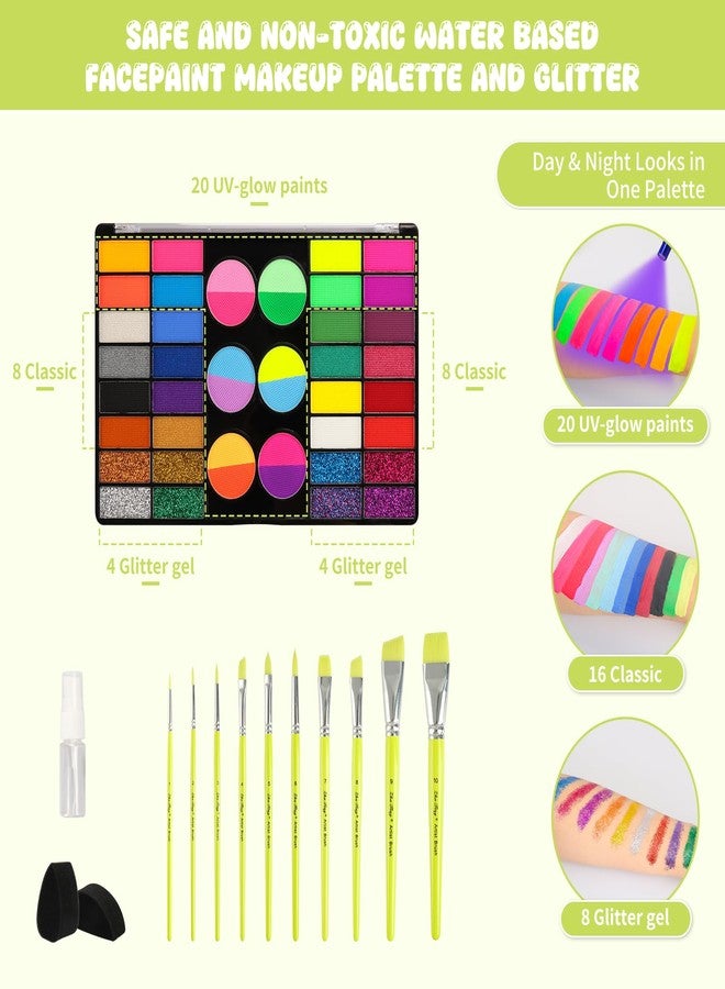 Pintada 44 Color Face Painting Kit for Kids - Non Toxic Water Activated Face Paint Palette with Stencils, Brushes, Gems & Glitter. Halloween, Carnival, Party; Costume Makeup for Creative Activities - Image 3