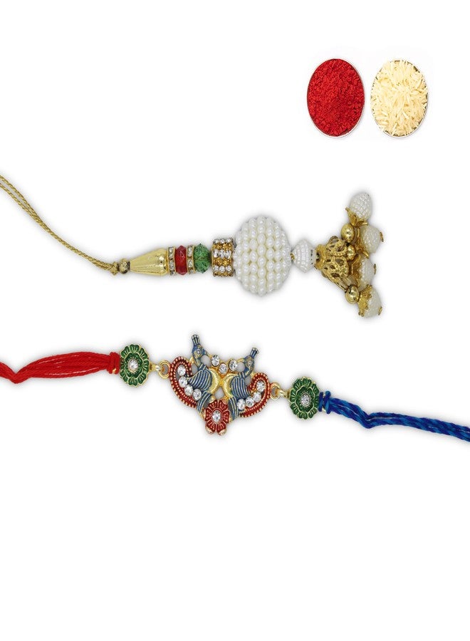 Elegant Peacock Rakhi/Lumba Rakhi with Roli Chawal - Set of 2 Raksha Bandhan Rakhi for Brother and Bhabhi - Image 1