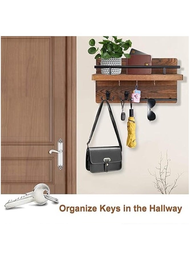 MIRFA Wall Mounted Key Holder With 2 Hooks, A Hanger Bar And A Mail Rack On Natural Wood Board  - Image 4