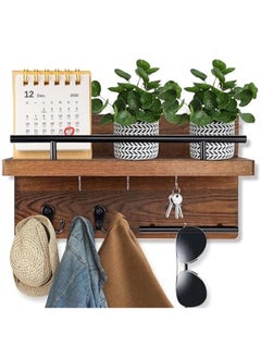 MIRFA Wall Mounted Key Holder With 2 Hooks, A Hanger Bar And A Mail Rack On Natural Wood Board  - Image 2