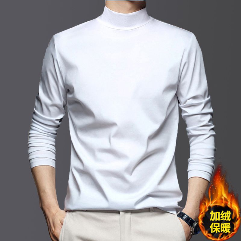 Men's Half-High Collar Base Layer Long-Sleeve T-Shirt with Silk-Like Thin Velvet, Fleece-Lined Warm Top, Double-Sided German Velvet T-Shirt - Image 1