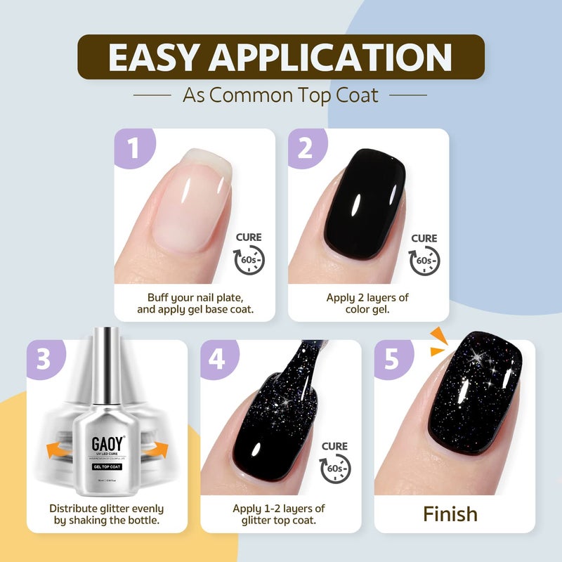 GAOY Glitter Gel Top Coat, 16ml Silver Iridescent Gel Nail Polish Sparkly No Wipe Clear Top Coat, Soak off UV LED Finish Gel for Nail Art - Image 3