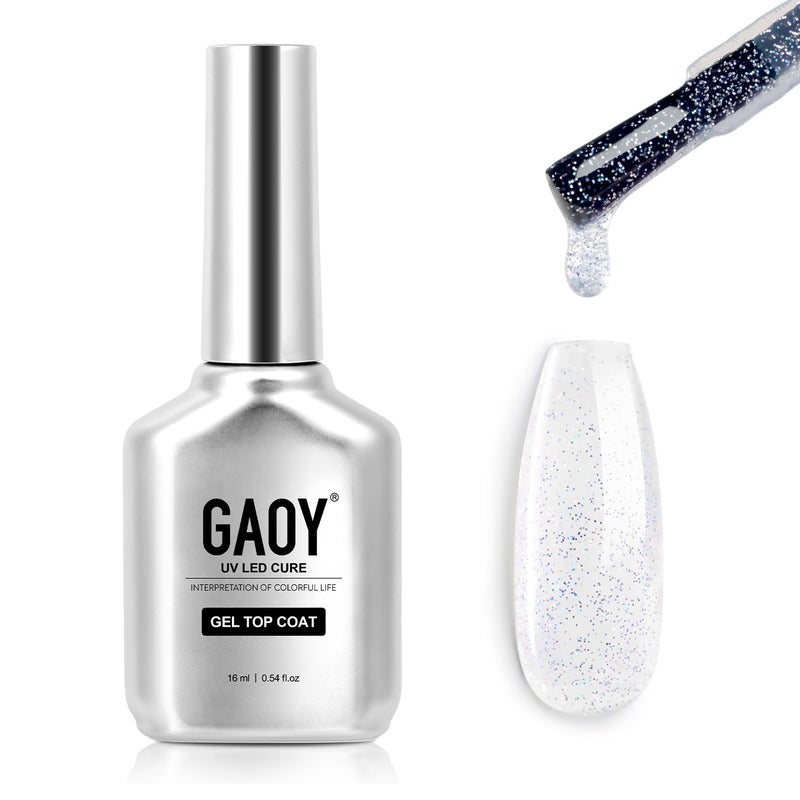 GAOY Glitter Gel Top Coat, 16ml Silver Iridescent Gel Nail Polish Sparkly No Wipe Clear Top Coat, Soak off UV LED Finish Gel for Nail Art - Image 1