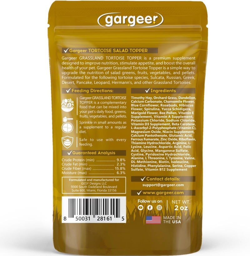 Gargeer مكمل غذائي لسلاحف الصحراء/الأراضي العشبية من بوزن 2 أونصة، خليط سل��ة الزهور العلوي. يعزز الشهية والصحة والجهاز المناعي. نظام غذائي كامل، غني بالفيتامينات، مصنوع في الولايات المتحدة الأمريكية. استمتع! - Image 2