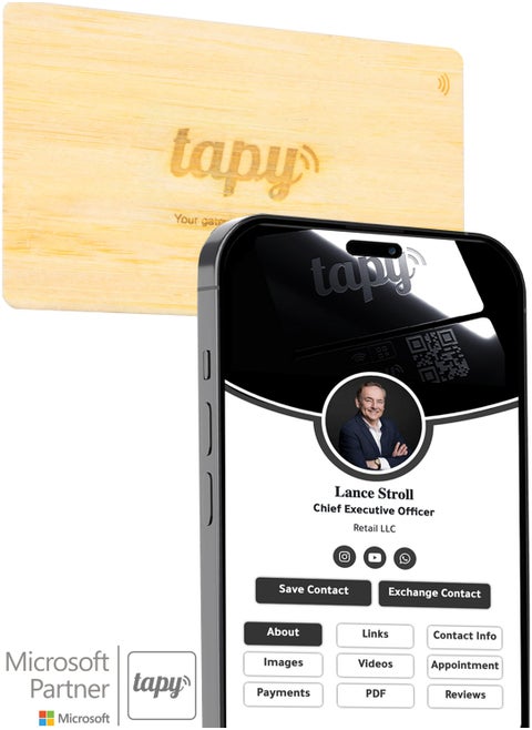 Tapy NFC Digital Business Card Premium Bamboo Wooden  Smart Card Instant Networking Contactless Technology iOS and Android Compatible Powered by Microsoft