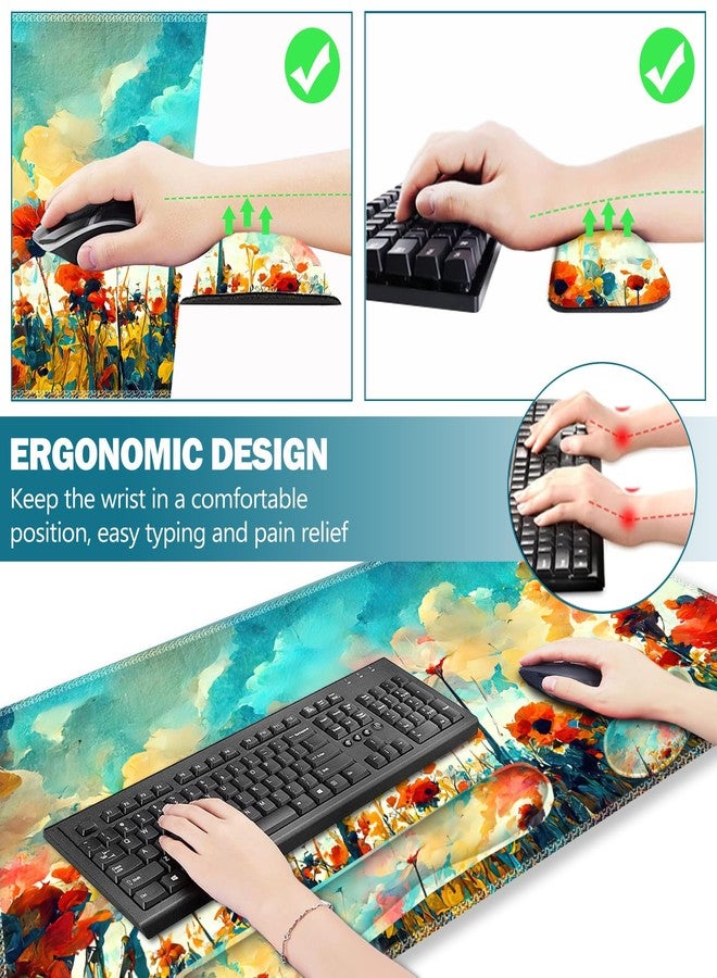 ARTSO Gaming Mouse Pad Wrist Support Set, XXL Large Desk Mat Mousepad + Keyboard Wrist Support+ Mouse Wrist Rest+Coaster 4in1 Ergonomic, Stitched Edge for Home Office -Oil Painting Flowers Plants - Image 3
