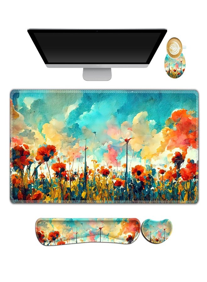 ARTSO Gaming Mouse Pad Wrist Support Set, XXL Large Desk Mat Mousepad + Keyboard Wrist Support+ Mouse Wrist Rest+Coaster 4in1 Ergonomic, Stitched Edge for Home Office -Oil Painting Flowers Plants - Image 1